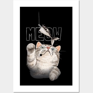 meow slogan with cute cat reaching for fish bait illustration Posters and Art